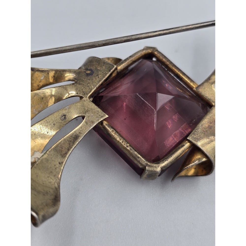 Vintage Sterling Gold Tone Purple Faceted Glass Brooch Pin Art Deco - Picture 8 of 14